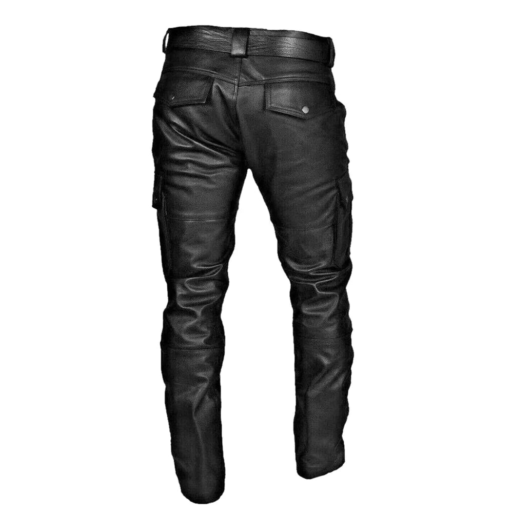 Men’s Biker Pants – Faux Leather – Tapered Fit – Cargo Pockets – Full Length