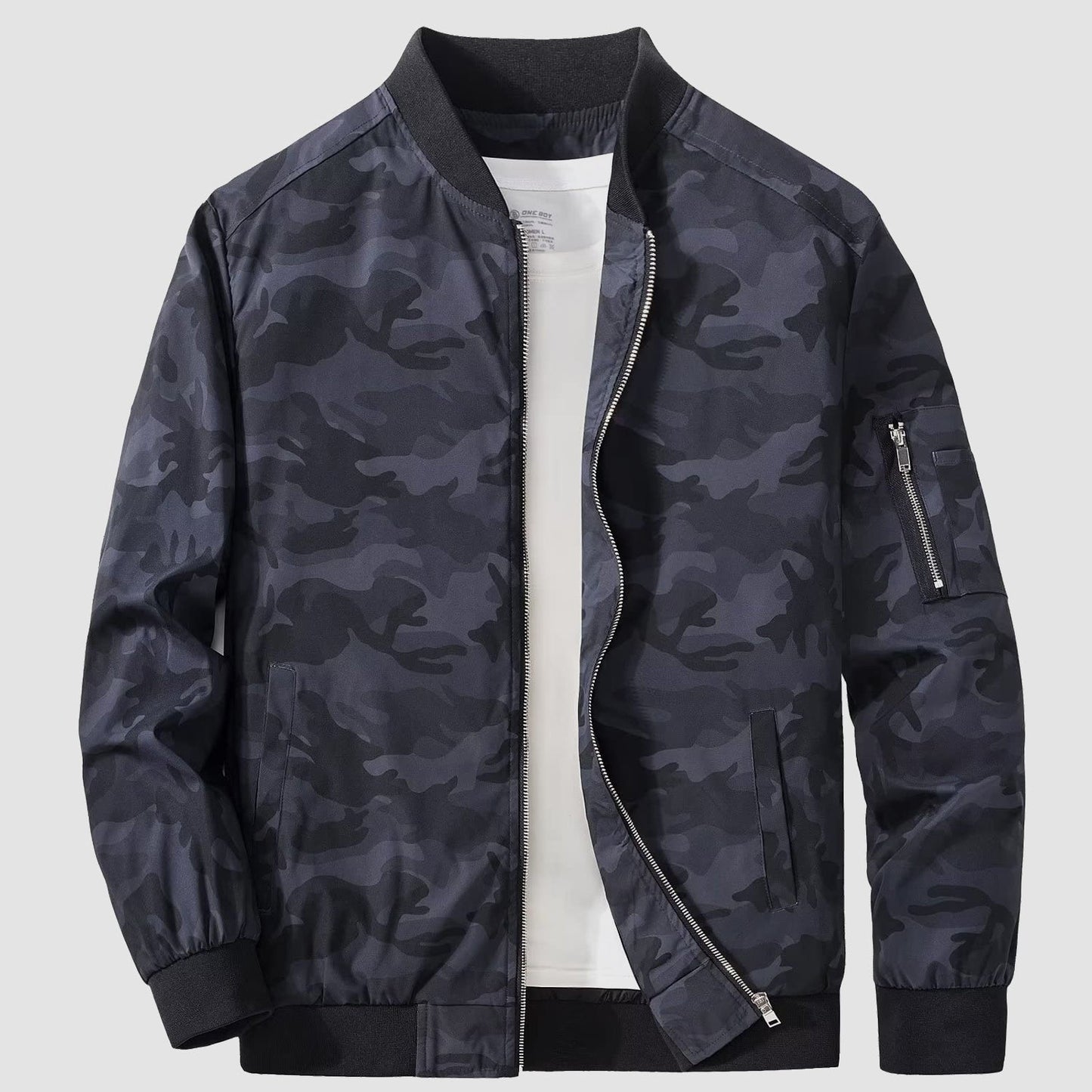 Men’s Bomber Jacket – Relaxed Fit – Woven Fabric – Ribbed Collar and Cuffs – Zipper Pocket
