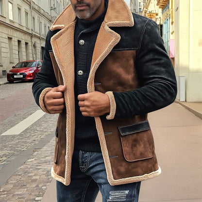 Henry Mid-Length Shearling Trim Jacket | Button Front Patch Pockets Jacket