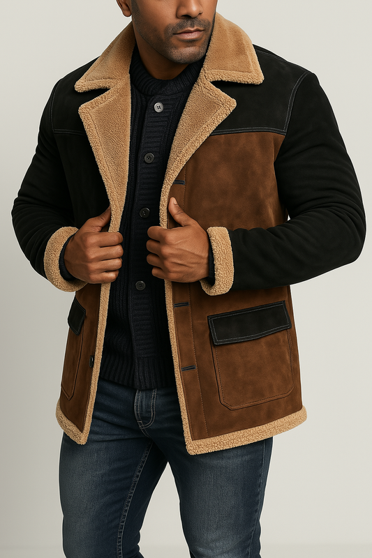 Henry Mid-Length Shearling Trim Jacket | Button Front Patch Pockets Jacket