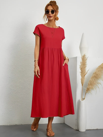 Women's Midi Dress - Flowy Lightweight Fabric - Short Sleeve - Relaxed Fit Casual Wear