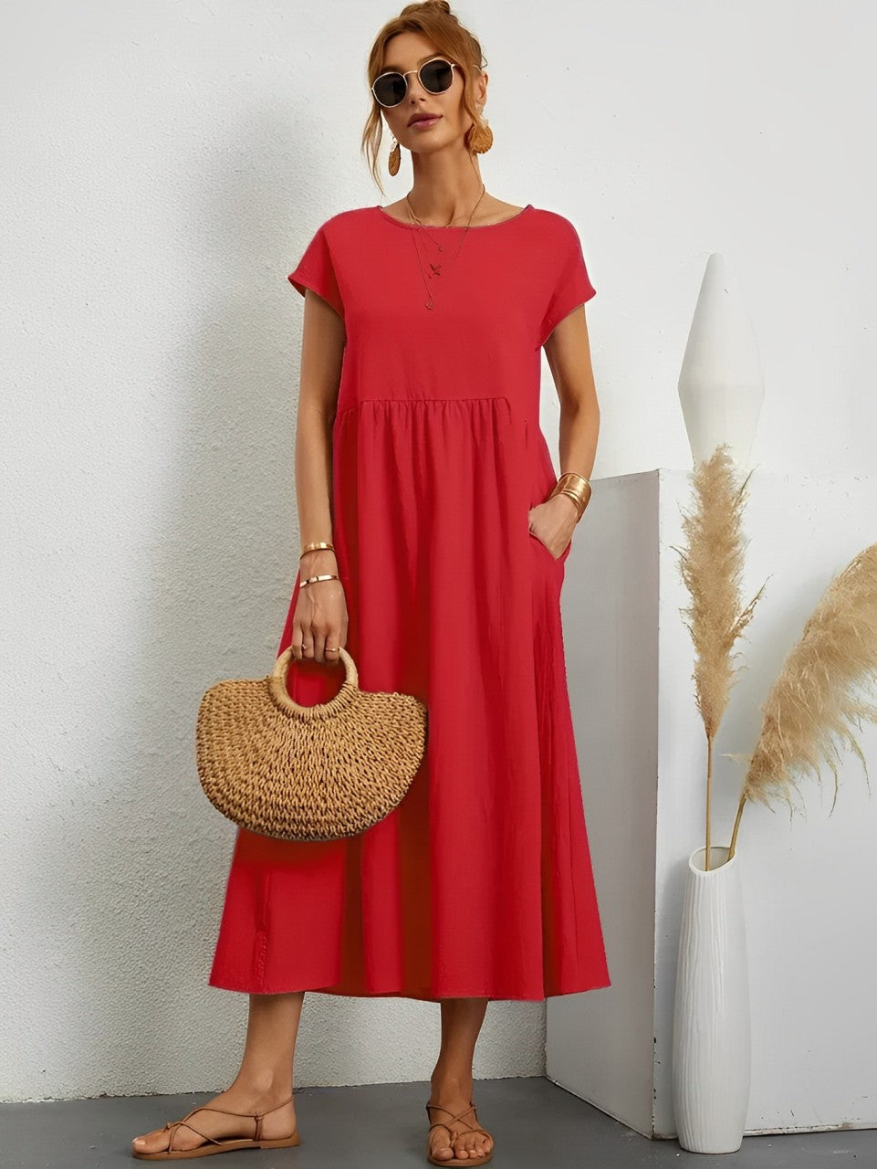 Women's Midi Dress - Flowy Lightweight Fabric - Short Sleeve - Relaxed Fit Casual Wear