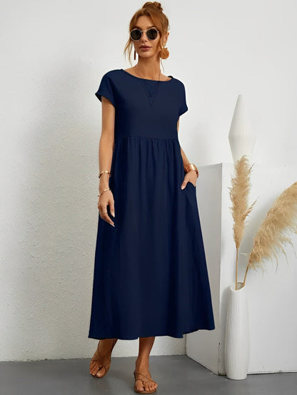 Women's Midi Dress - Flowy Lightweight Fabric - Short Sleeve - Relaxed Fit Casual Wear