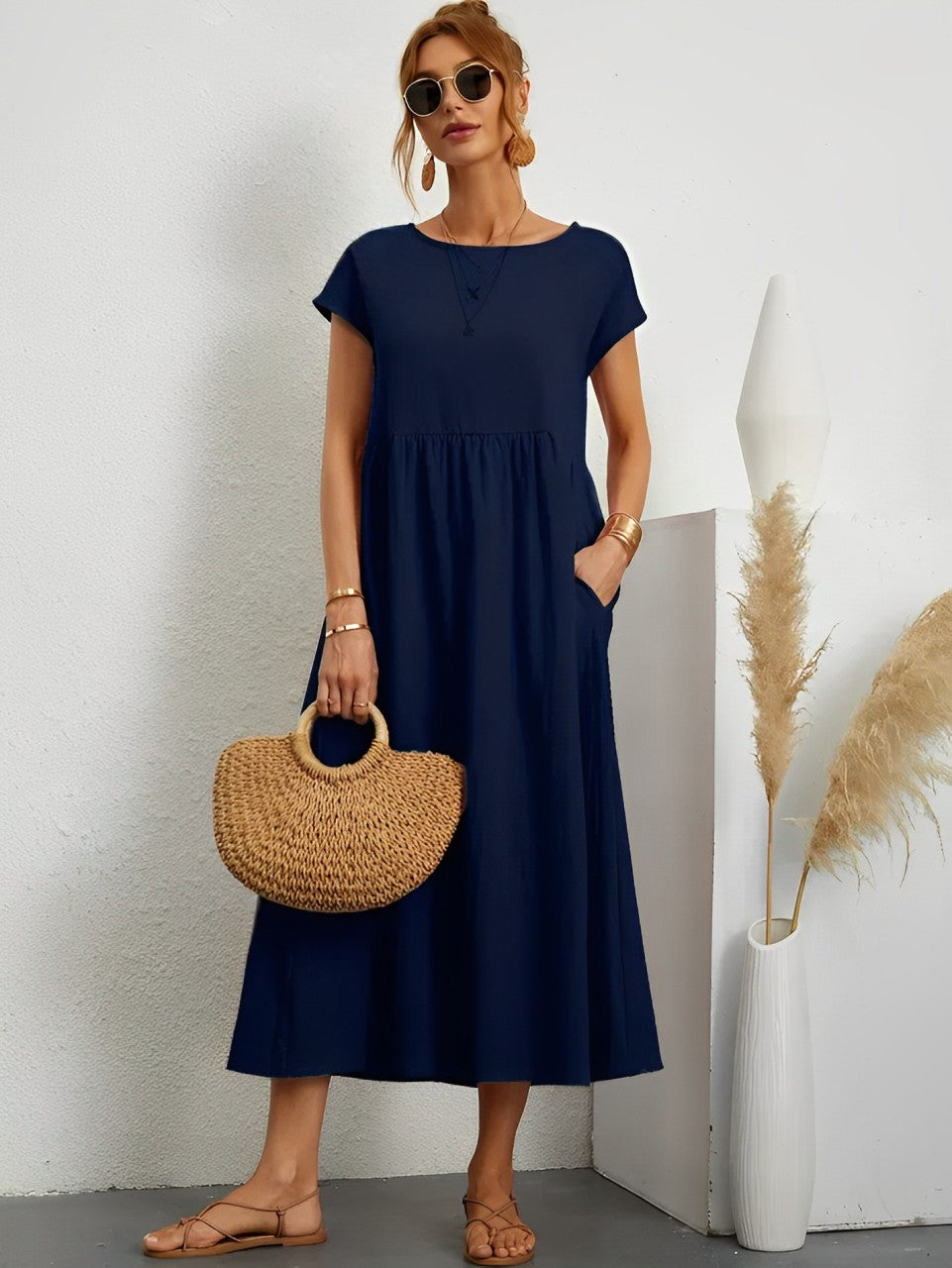Women's Midi Dress - Flowy Lightweight Fabric - Short Sleeve - Relaxed Fit Casual Wear