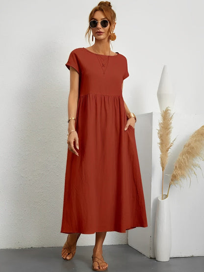 Women's Midi Dress - Flowy Lightweight Fabric - Short Sleeve - Relaxed Fit Casual Wear