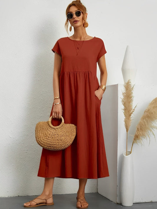 Women's Midi Dress - Flowy Lightweight Fabric - Short Sleeve - Relaxed Fit Casual Wear