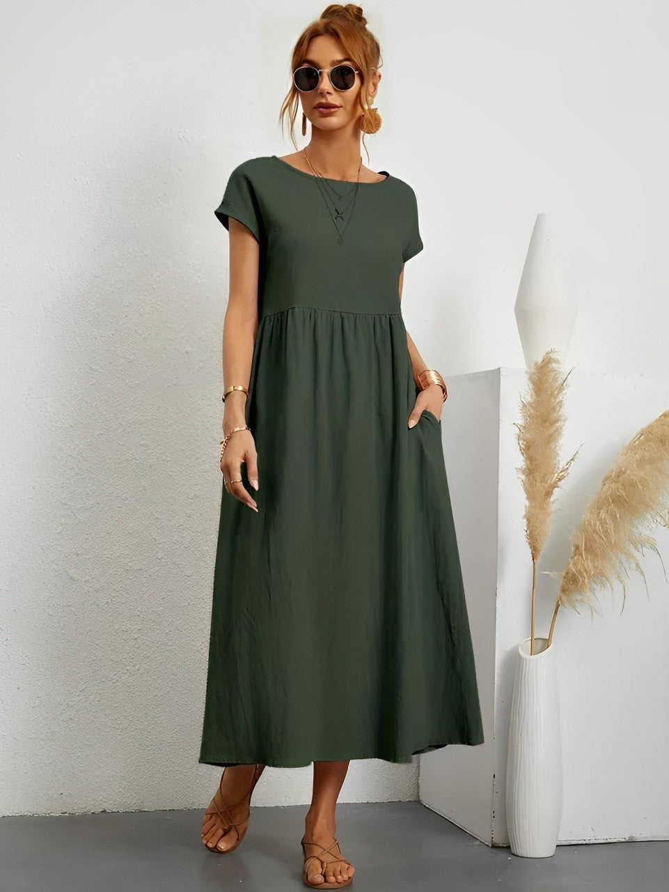 Women's Midi Dress - Flowy Lightweight Fabric - Short Sleeve - Relaxed Fit Casual Wear
