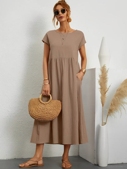 Women's Midi Dress - Flowy Lightweight Fabric - Short Sleeve - Relaxed Fit Casual Wear