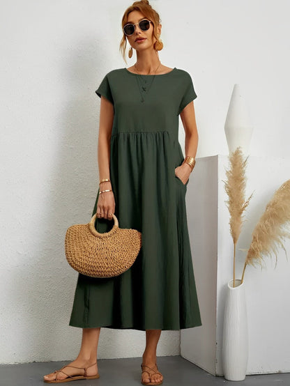 Women's Midi Dress - Flowy Lightweight Fabric - Short Sleeve - Relaxed Fit Casual Wear