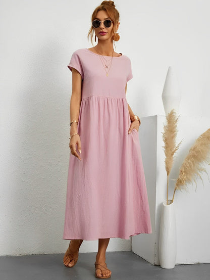 Women's Midi Dress - Flowy Lightweight Fabric - Short Sleeve - Relaxed Fit Casual Wear