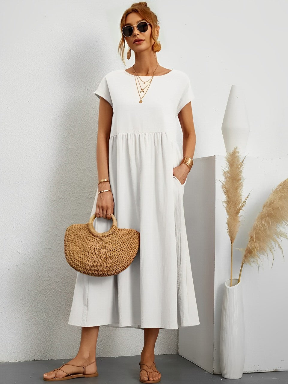 Women's Midi Dress - Flowy Lightweight Fabric - Short Sleeve - Relaxed Fit Casual Wear