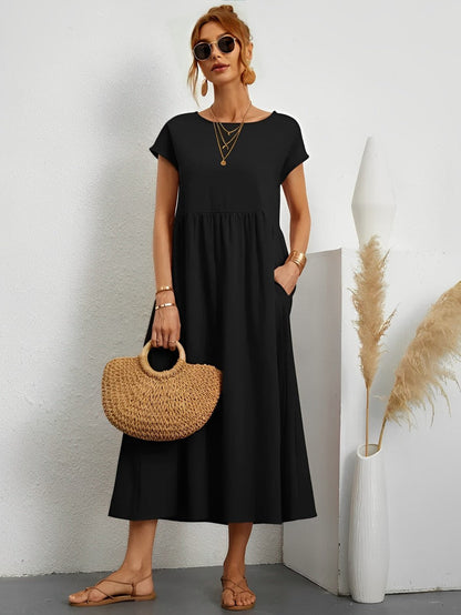 Women's Midi Dress - Flowy Lightweight Fabric - Short Sleeve - Relaxed Fit Casual Wear