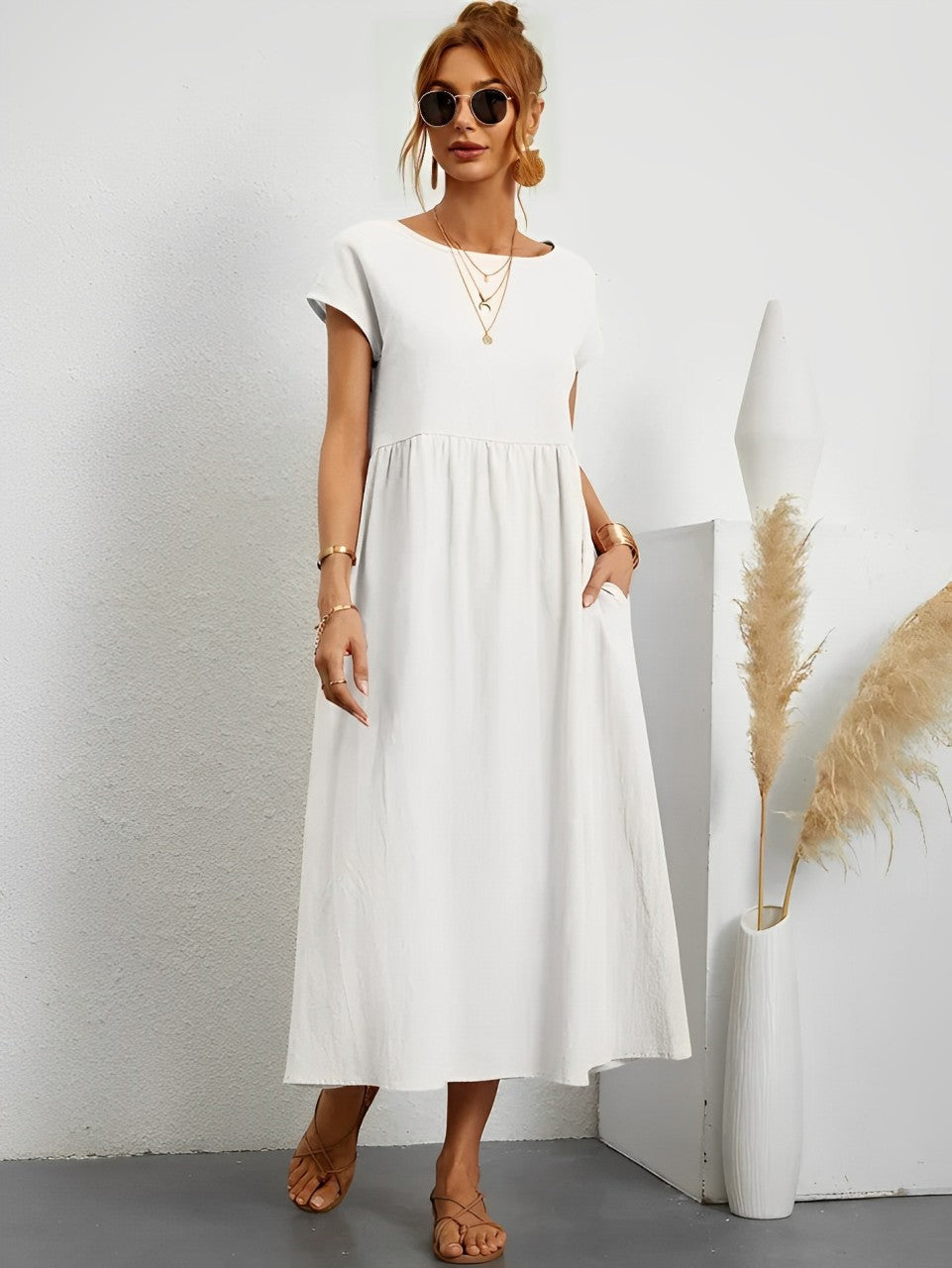 Women's Midi Dress - Flowy Lightweight Fabric - Short Sleeve - Relaxed Fit Casual Wear