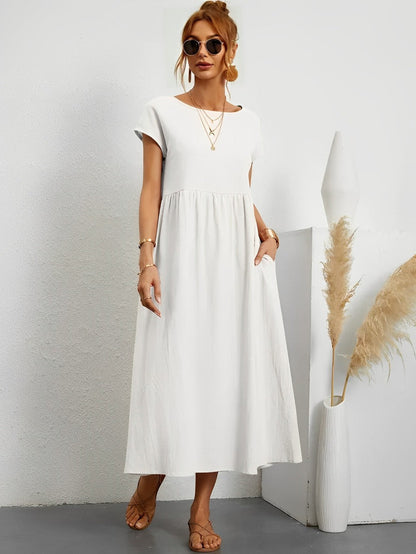 Women's Midi Dress - Flowy Lightweight Fabric - Short Sleeve - Relaxed Fit Casual Wear