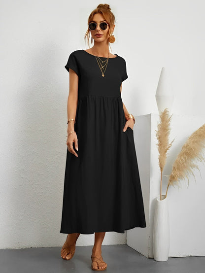 Women's Midi Dress - Flowy Lightweight Fabric - Short Sleeve - Relaxed Fit Casual Wear