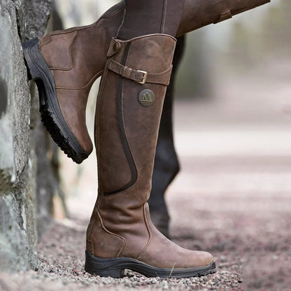 Women’s Knee-High Boots – Leather – Buckle Strap – Waterproof – Traction Sole