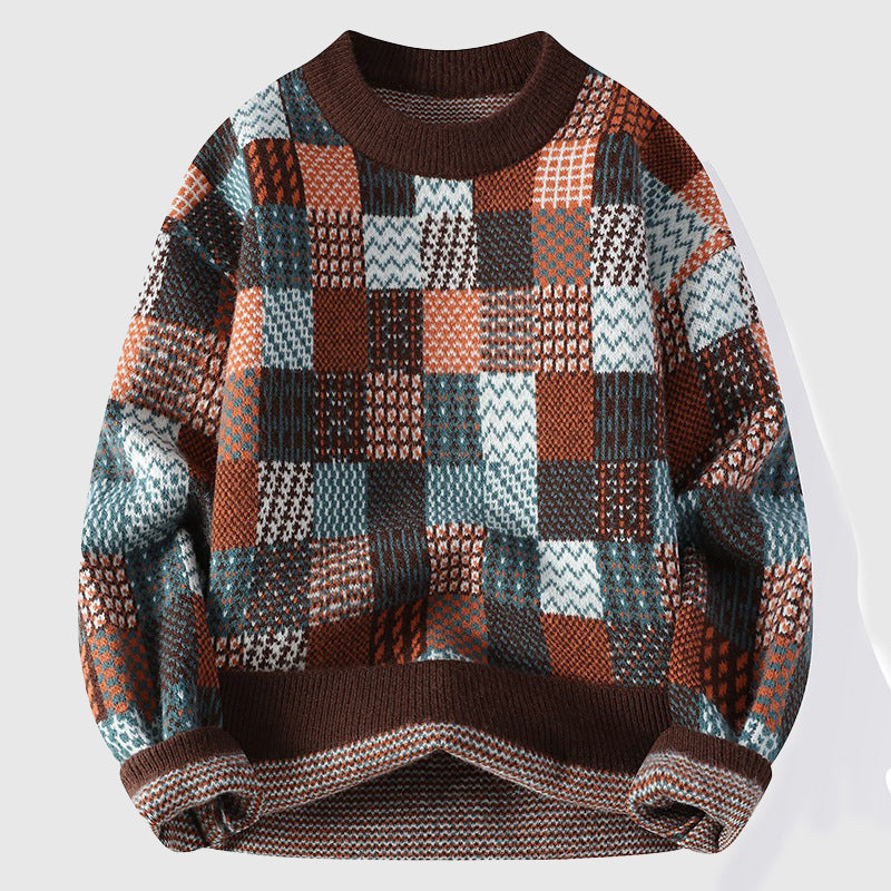 Henry Patchwork Relaxed Fit Pullover Sweater | Crewneck Long Sleeve Pullover Sweater