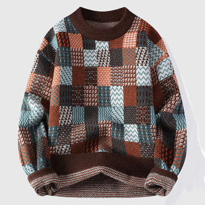 Henry Patchwork Relaxed Fit Pullover Sweater | Crewneck Long Sleeve Pullover Sweater