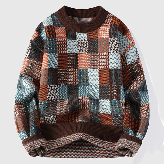 Henry Patchwork Relaxed Fit Pullover Sweater | Crewneck Long Sleeve Pullover Sweater