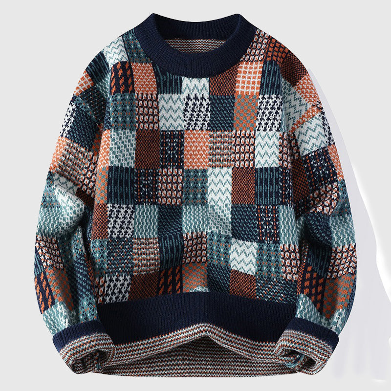 Henry Patchwork Relaxed Fit Pullover Sweater | Crewneck Long Sleeve Pullover Sweater