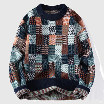 Henry Patchwork Relaxed Fit Pullover Sweater | Crewneck Long Sleeve Pullover Sweater