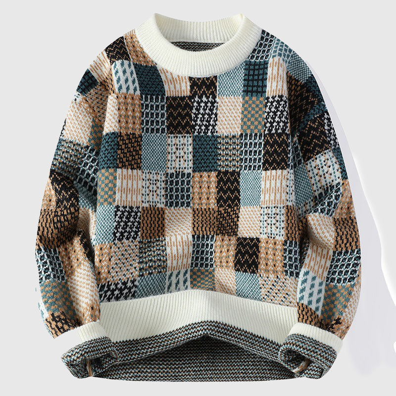 Henry Patchwork Relaxed Fit Pullover Sweater | Crewneck Long Sleeve Pullover Sweater