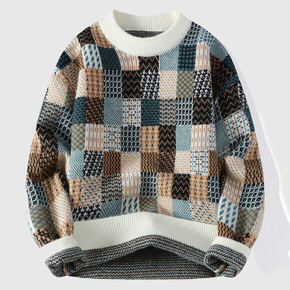 Henry Patchwork Relaxed Fit Pullover Sweater | Crewneck Long Sleeve Pullover Sweater