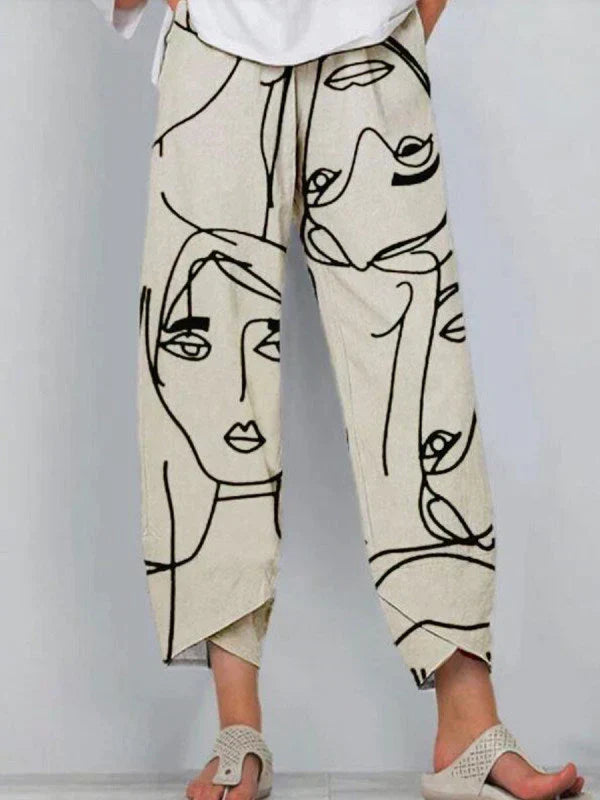 Women’s Wide-Leg Pants – Relaxed Fit – Full Length – Artistic Abstract Print – Breathable Blend