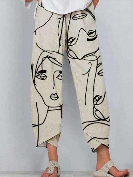 Women’s Wide-Leg Pants – Relaxed Fit – Full Length – Artistic Abstract Print – Breathable Blend