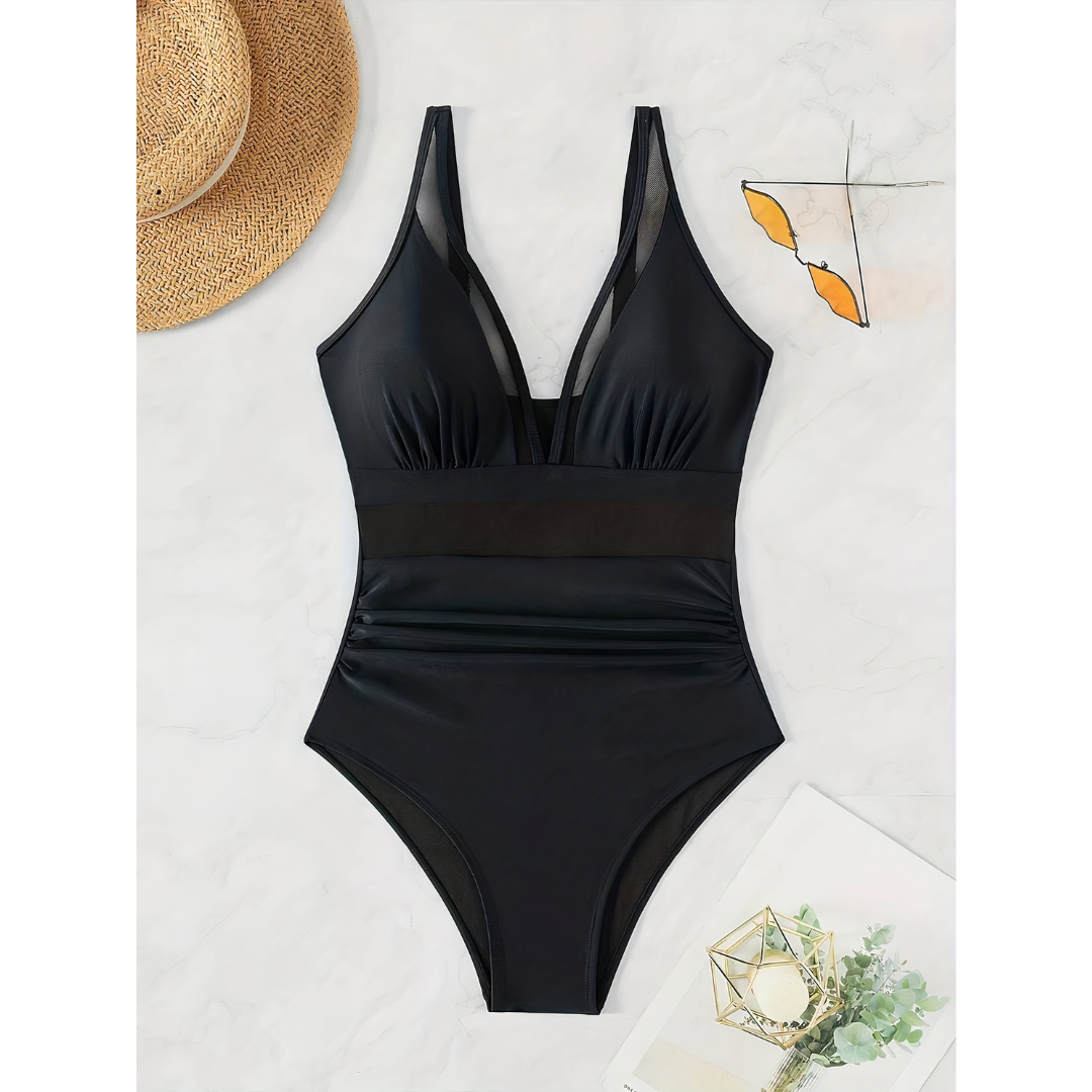 Women’s Swimsuit – Plunging Neckline – Mesh Panels – High-Cut Leg – Breathable Blend
