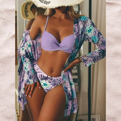 Women’s Three-Piece Bikini Set – High Waist – Crossover Top – Adjustable Straps – Breathable Blend