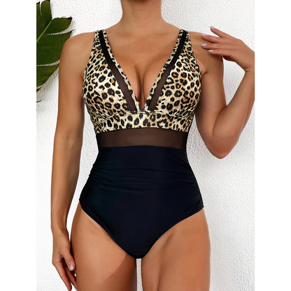 Women’s Swimsuit – Plunging Neckline – Mesh Panels – High-Cut Leg – Breathable Blend