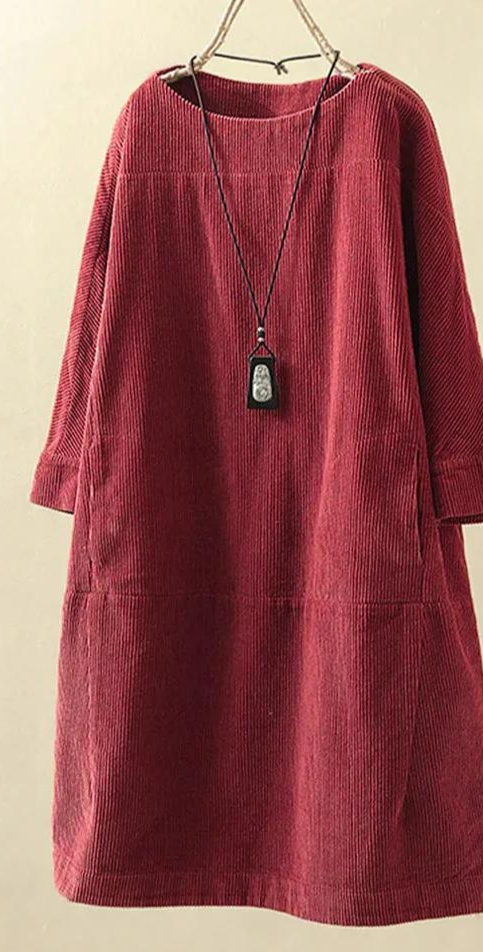 Women's Corduroy Dress - Relaxed Fit - Long Sleeve - Soft Textured Casual Wear