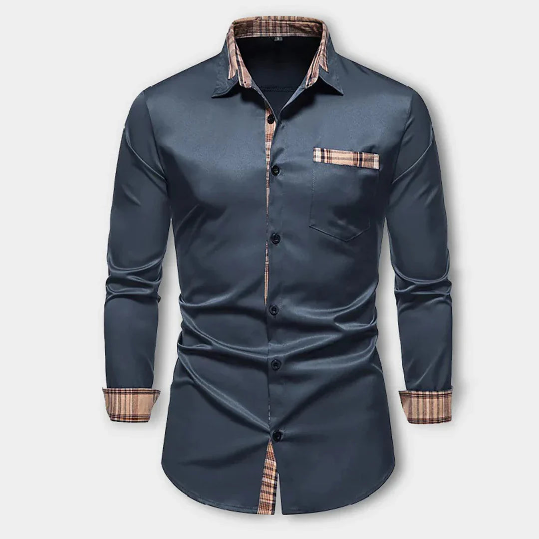 Men’s Long Sleeve Shirt – Slim Fit – Breathable Fabric – Contrast Plaid Detail