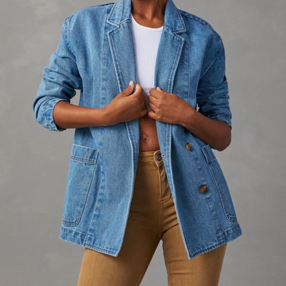Women’s Denim Jacket – Relaxed Fit – Button Front – Hip Length – Casual Style