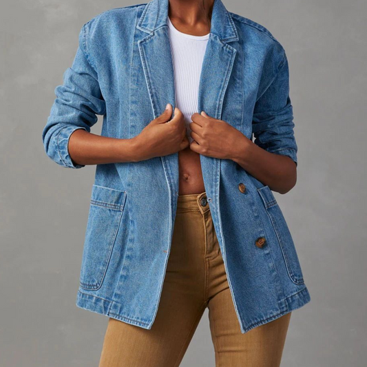 Women’s Denim Jacket – Relaxed Fit – Button Front – Hip Length – Casual Style