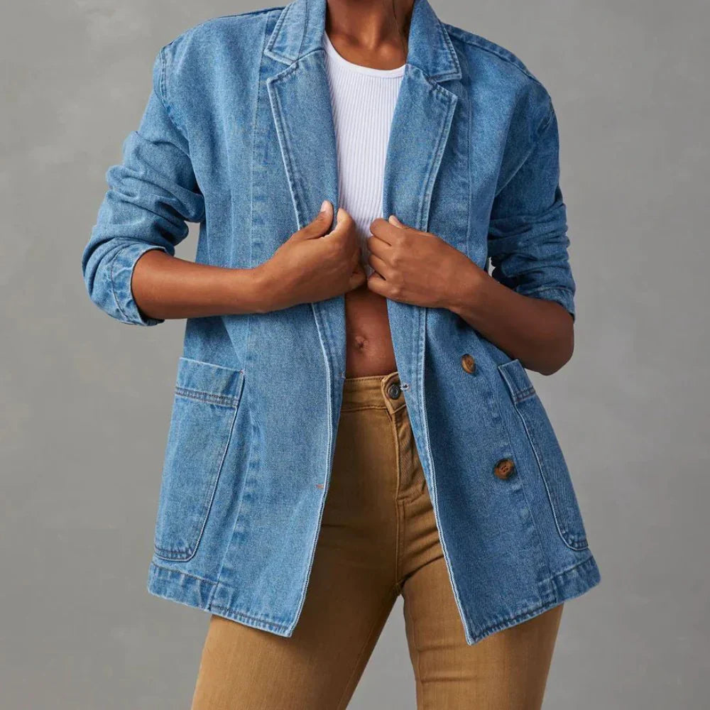 Women’s Denim Jacket – Relaxed Fit – Button Front – Mid Length – Casual Layering Style