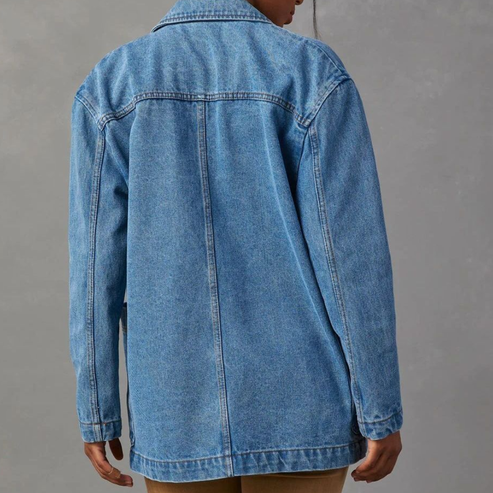 Women’s Denim Jacket – Relaxed Fit – Button Front – Hip Length – Casual Style