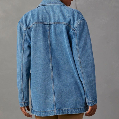 Women’s Denim Jacket – Relaxed Fit – Button Front – Hip Length – Casual Style