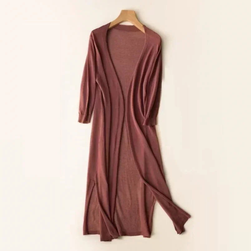 Women’s Long Cardigan – Lightweight Knit – Open Front – 3/4 Sleeve – Relaxed Fit