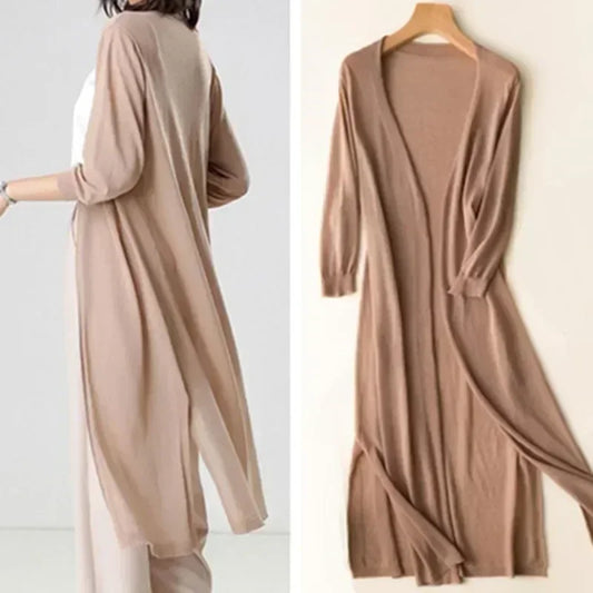 Women’s Long Cardigan – Lightweight Knit – Open Front – 3/4 Sleeve – Relaxed Fit