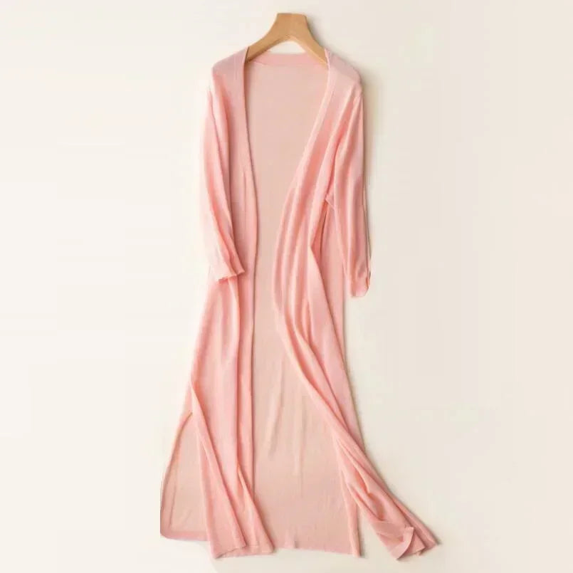 Women’s Long Cardigan – Lightweight Knit – Open Front – 3/4 Sleeve – Relaxed Fit