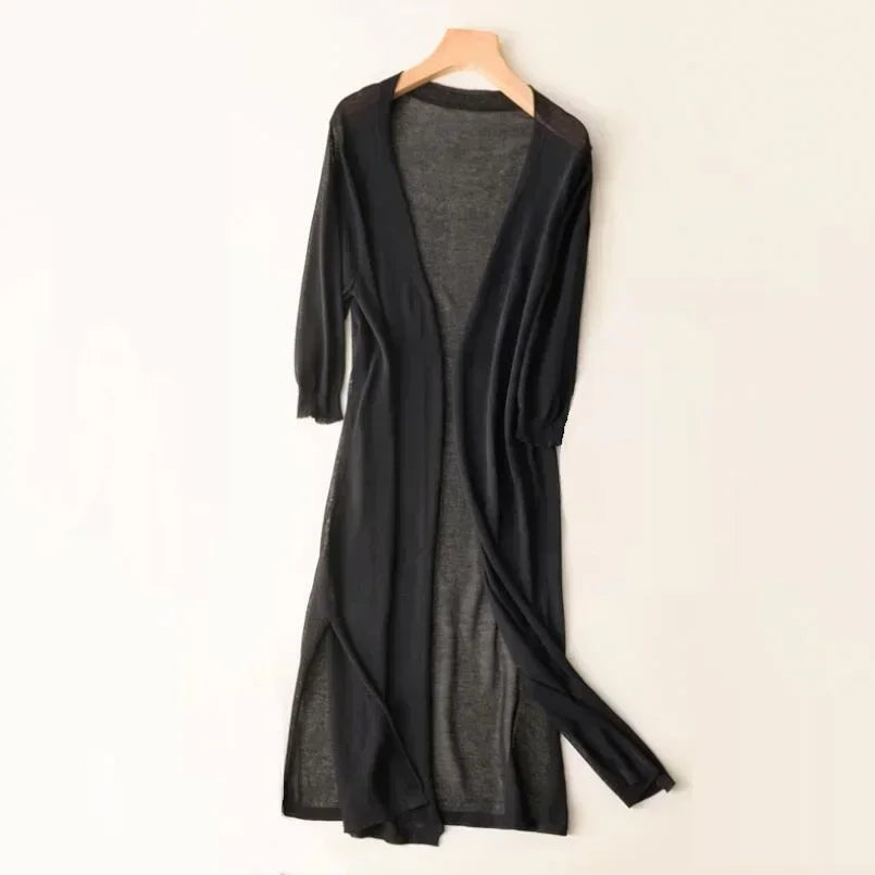 Women’s Long Cardigan – Lightweight Knit – Open Front – 3/4 Sleeve – Relaxed Fit