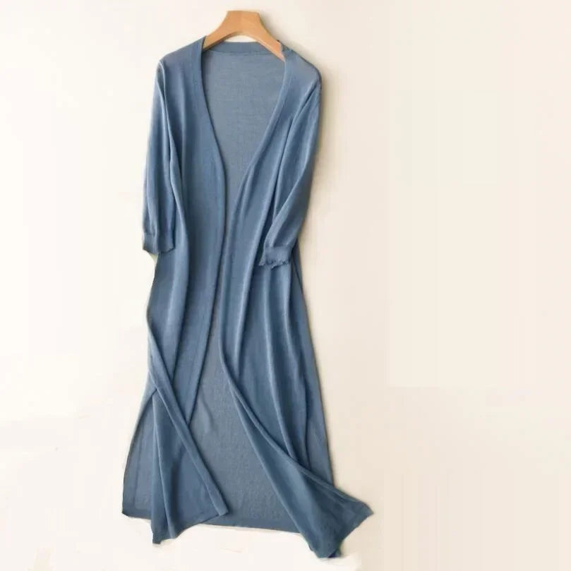 Women’s Long Cardigan – Lightweight Knit – Open Front – 3/4 Sleeve – Relaxed Fit