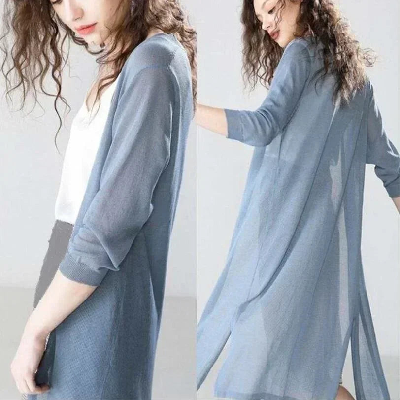 Women’s Long Cardigan – Lightweight Knit – Open Front – 3/4 Sleeve – Relaxed Fit