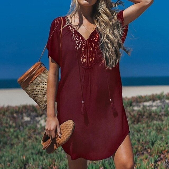 Women’s Swim Cover-Up – Relaxed Fit – Breathable Blend – Crochet V-Neck – Tassel Tie