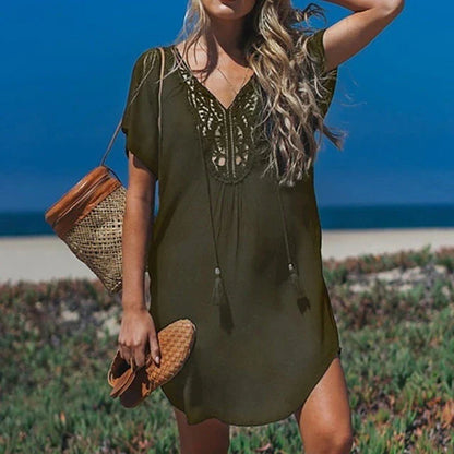 Women’s Swim Cover-Up – Relaxed Fit – Breathable Blend – Crochet V-Neck – Tassel Tie