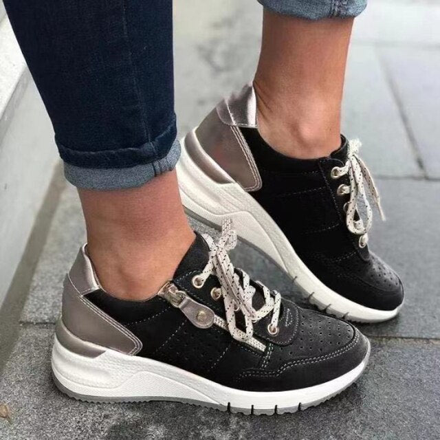 Women’s Wedge Sneakers – Orthopedic Support – Breathable Comfort – Zip and Lace-Up