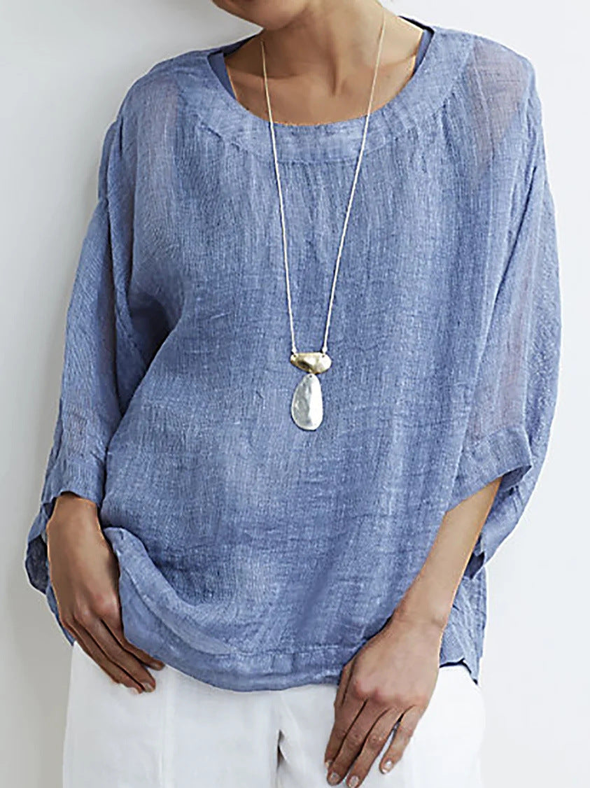 Women’s Cotton Top – Loose Fit – 3/4 Sleeve – Round Neck Casual Everyday Wear