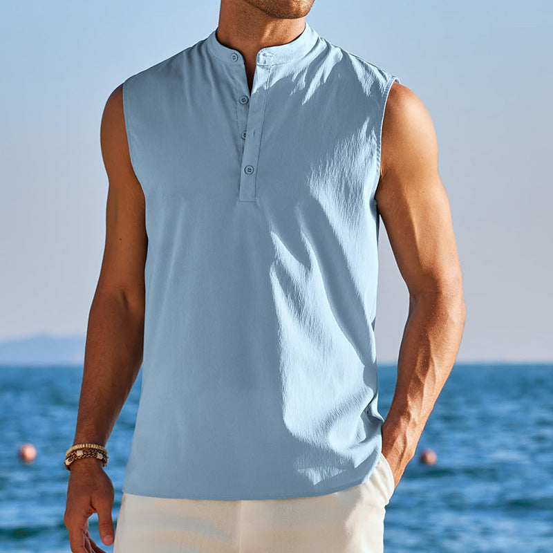 Men’s Sleeveless Vest – Cotton Blend – Mandarin Collar – Casual Fit – Half Button